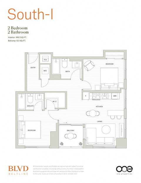 Floor plan for 2 beds, 2 baths, 894 sqft